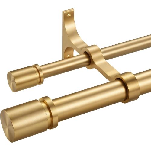 Double Curtain Rod 36 to 72 Inch,1 Inch Heavy Duty Curtain Rods for Windows with Solid Aluminum Cylindrical Finials and Bracket,1’’ Front and 5/8’’ Back Telescoping Double Drapery Rod,Warm Gold