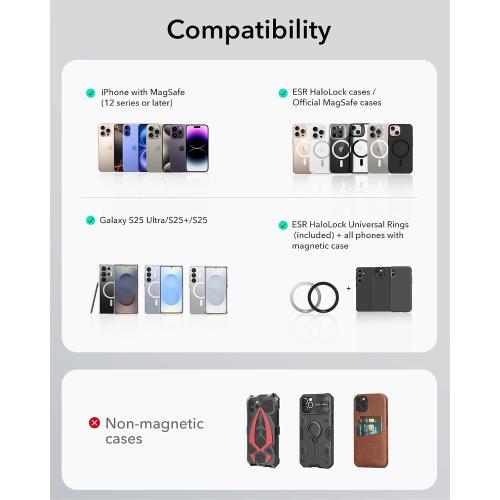 ESR for MagSafe Car Mount, Magnetic Phone Holder for Car Air Vent, Car Phone Holder Mount for iPhone 17e/17/16/16e/15/14/13/12/Samsung, All Smartphones(2 Metal Rings Included),Charging Not Supported