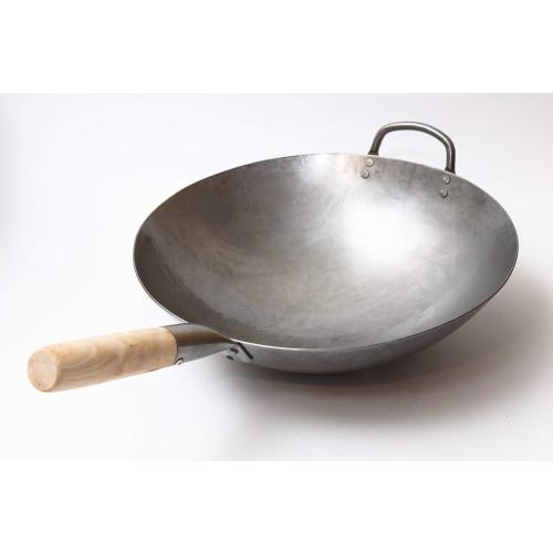 Craft Wok Traditional Hand Hammered Chinese Carbon Steel Wok with Wooden and Steel Helper Handle (14 Inch, Round Bottom Pow Wok Pan) / 731W88