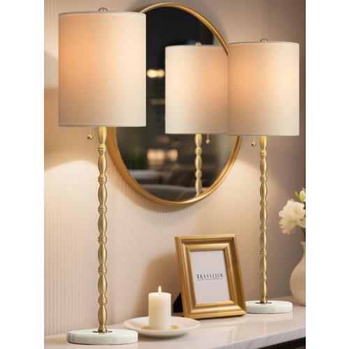Buffet Lamps Set of 2, 28.5”H Modern Luxury Lamps with Marble Base, Brass Finish and Linen Shade, UL Certified – Elegant Lighting for a Warm Atmosphere in Entryway, Living or Dining Room