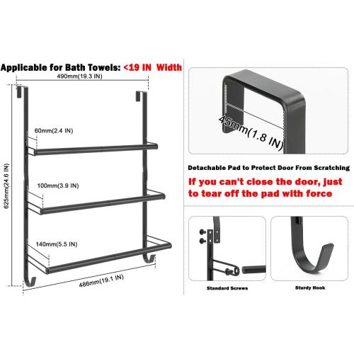 Livabber 3-Tier Over The Door Towel Rack, All Metal Towel Rack with Hooks for Door Hanging, Behind Door Towel Bar Towel Storage Holder for Bathroom Accessories, Black (19.37 L x 5.9 W x 24.4 H)