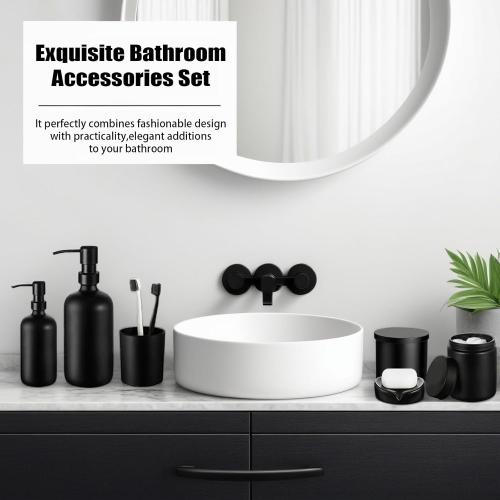 6 Pcs Matte Black Bathroom Accessories Set, Modern Luxury Liquid Soap Dispenser & Toothbrush Holder, Farmhouse Vanity Organizer with Cotton Swab Dispenser, Soap Dish, Tumbler for Bathroom Decor