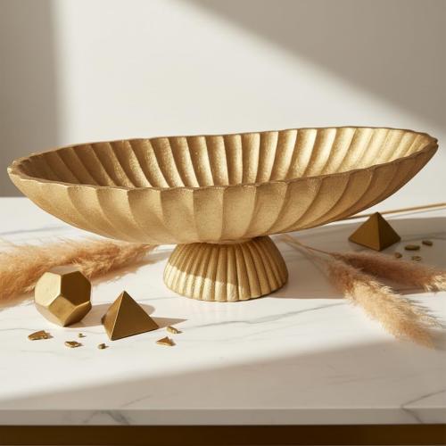 14.5 Large Decorative Long Bowl decor - Fluted Scalloped Decorative Bowls for Home Decor - Ruffle Decor,Stylish Key Bowl for Entry Table,Decorative Fruit Bowls for Kitchen Counter,Golden