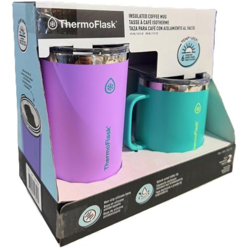 ThermoFlask Insulated Coffee Mugs, Set of 2, 12 oz and 16 oz, Non-Slip Base,  (Fuscia/Green)