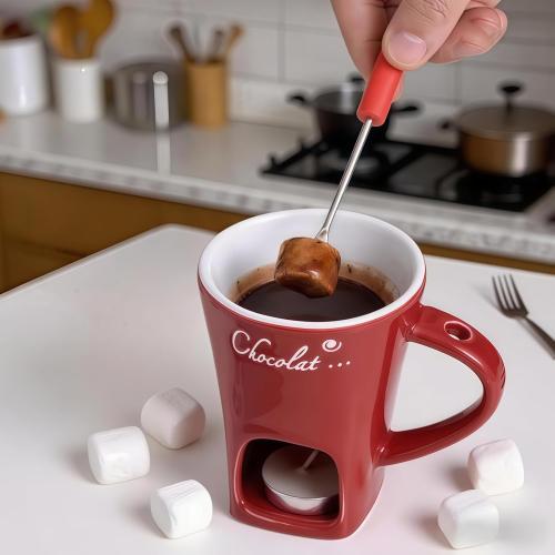Chocolate Melting Cup,Chocolate Fondue Cup,Ceramic Sweet Fondue Mug With Fork For Cheese And Candy (White)
