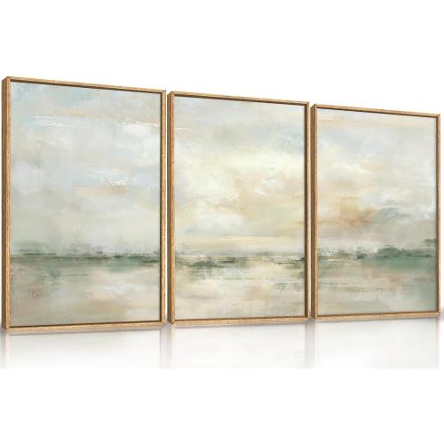 LHIUEM Large Abstract Green Gray Pastel Framed Canvas Wall Art,Neutral Landscape Wall Decor,Modern Watercolor Lake Artwork,Beige Textured Illustrations Art for Living Room,Bedroom,Office- 24x36x3
