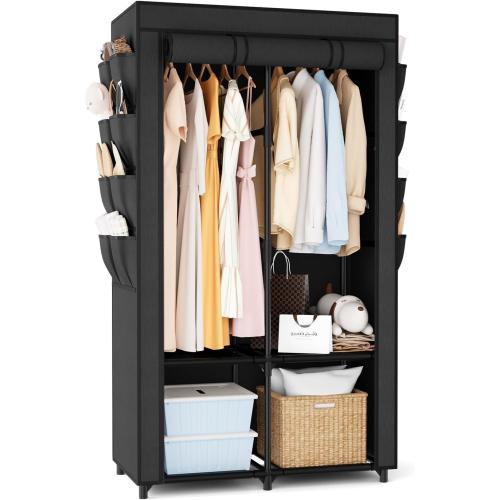 Portable Closet for Hanging Clothes, Portable Wardrobe Closet with Cover, 4 Storage Shelves, 2 Hanging Rods and 8 Side Pockets, Easy Assembly and Sturdy Free Standing Closet for Bedroom, Black