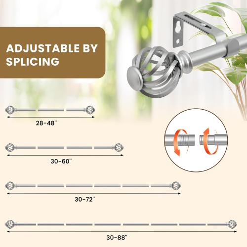 Luvenia Silver Decorative Curtain Rods,Adjustable Curtain Rod For Windows 30 to 60 Inch(2.5-5Ft),Curtain Rod For Bedroom, Living Room,Kitchen,Farmhouse