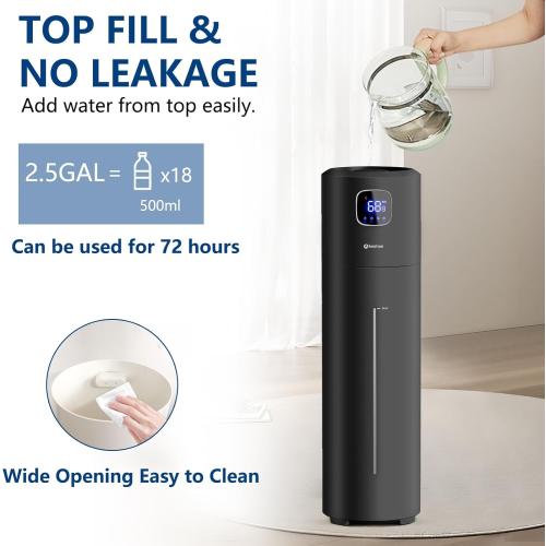 Large Humidifiers for Bedroom, 9L/2.5Gal Ultrasonic Cool Mist, Top Fill Easy Clean with 350ML/H Mist Speed, Quiet, Suitable for Kids Room Plant Yoga Office Study Room Living (Black, Round)