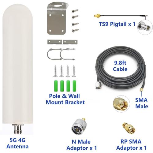 5G 4G LTE Outdoor Omni Antenna with 10ft Cable SMA Male & N Male TS9 RP Adaptor Wall & Mount Waterproof for Verizon ATT T-Mobile Sprint Router Gateway Modem Cellular Trail Camera Home WiFi Internet