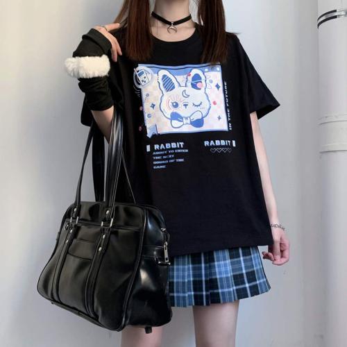 Size 3XL Color Black Japanese Harajuku Pastel Goth Cute Aesthetic Casual Cotton Crewneck Kawaii Cartoon Bunny T-Shirt
