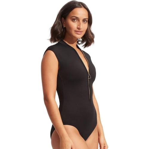 Size S Seafolly Women's Standard Cap Sleeve Zip Front One Piece Swimsuit
