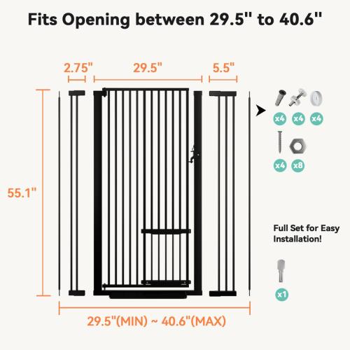 Extra Tall Pet Gate for Cats,  Extra Wide Cat Gate with Adjustable Cat Door, Pressure Mounted Easy Walk Through Pet Gate with Door for Stairs, Doorways, Kitchen(Black)