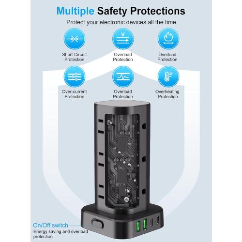 Power Strip Tower with Multiple Outlets, Flat Plug Surge Protector Tower Extension Cord with 12 AC Outlets 4 USB Ports (2 USB C), 6FT Cord Power Tower Surge Protector for Home Office Dorm Room, Black