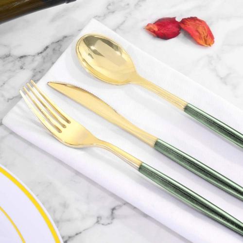Supernal 180pcs Gold and Green Plastic Silverware Extra Heavy Duty Gold Plastic Cutlery with Green Glitter Handle Disposable Flatware for Parties, Weddings, and Outdoor Events