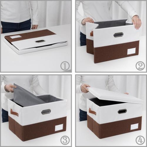 Set of 3  Foldable Storage Bins with Lids [3-Pack] Fabric Collapsible Storage Boxes Baskets Cubes Containers with Handles for Closet Living Room Bedroom (Brown & White 17.7x11.8x11.8'')