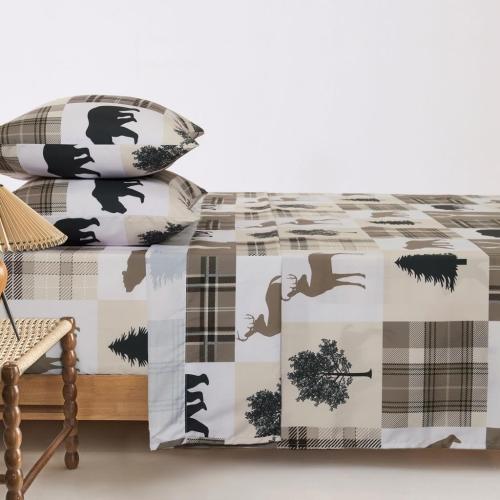 Wake In Cloud - Rustic Bed Sheets, 3-Piece Sheet Set, Cabin Christmas Lodge Western Country Bear Deer Holiday RV Outdoor Theme Bedding, Deep Pocket, Taupe, King  Size