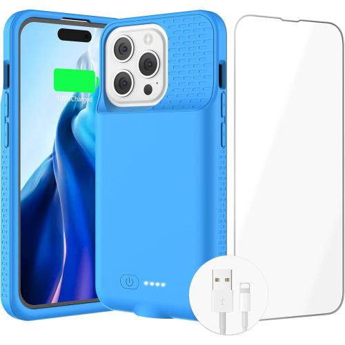 GIN FOXI Battery Case for iPhone 14/14Pro/13/13Pro, Ultra-Slim Charging Cases Rechargeable Anti-Fall Protection Battery Charger Charger for iPhone 14 Pro/14/13/13Pro(6.1 inch) 7000mAh Blue
