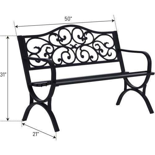MFSTUDIO 50 Inches Outdoor Garden Bench, Cast Iron Metal Frame Patio Park Bench with Floral Pattern Backrest, Arch Legs for Porch Lawn Garden Yard(Black)