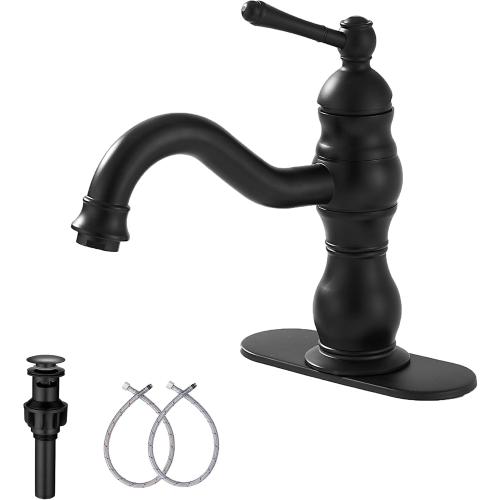 Matte Black Bathroom Faucet GGStudy 360° Swivel Bathroom Vanity Faucet Single Handle One Hole Black Bathroom Sink Faucet Basin Matching Pop Up Drain with Overflow