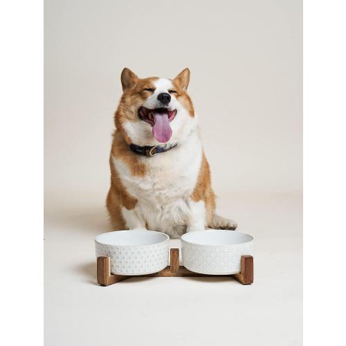 LE TAUCI Dog Bowl Set with Acacia Wood Stand - 1.8-Cup Ceramic Puppy Bowls for Small Dogs, Dual Food and Water Bowls with Weighted Non-Slip Base