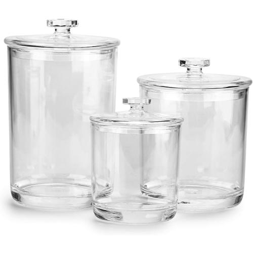 Hipiwe Clear glass Apothecary Jars with Lid, Large Size Bathroom Storage Canister Jar Cotton Ball and Swab Organizer Q-Tips Holder, 60-Ounce, 30-Ounce and 15-Ounce, Set of 3