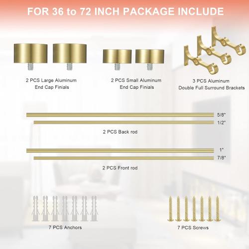 Double Curtain Rods with Aluminum End Cap and Full Surround Brackets,1-Inches Front and 5/8 Inches Back Adjustable between from 36 to 72 Inches (3-6 Feet),Brass Double Window Drapery Rod for