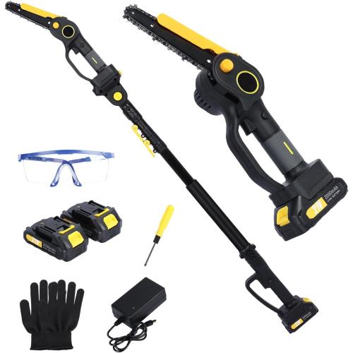 2 in 1 Cordless Pole Saw & Mini Chainsaw, 6-inch Brushless Electric Chain Saw with 2 x 1.5Ah Battery, 5.9 Feet MAX Reach Pole Saw for Tree Pruning (Black-yellow)