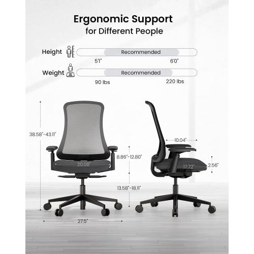ProtoArc Ergonomic Office Chair – Flexer Mesh Couputer Chair for Women, Foam Sliding Seat, 125° Recline, Home Desk Chairs for Small Spaces, Stylish & Comfortable – Black