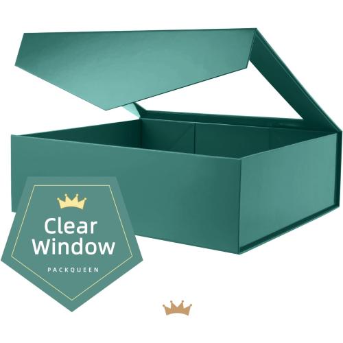 PACKQUEEN 5 Extra Large Green Gift Boxes with Windows, 16.3x14.2x5 Inches Clear Gift Boxes for Presents Contain Ribbons, Cards, Groomsmen Proposal Boxes Magnetic Lids (Glossy Green)