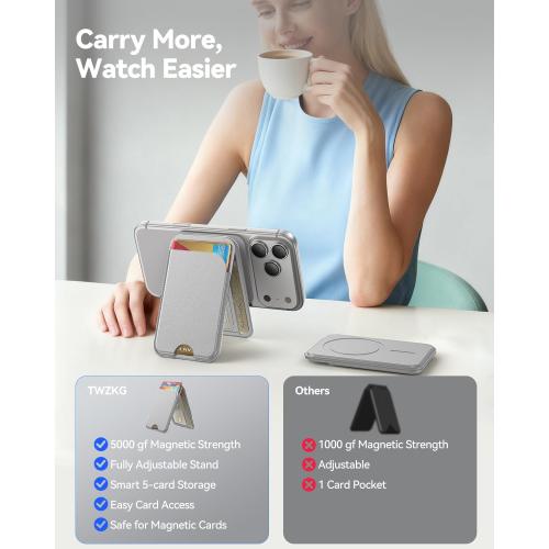 for MagSafe Wallet, 5 Cards Holder with Stand, Magnetic Phone Wallet Stand for iPhone 17/16/15/14/13/12 Pro Max Air Plus Series, RFID Blocking Vegan Leather,Grey