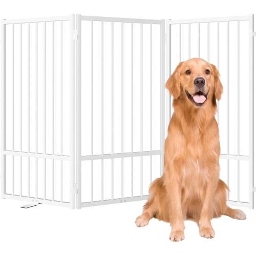 SNUOWU Full Metal Freestanding Dog Gate with Door, 36''Height Foldable Pet Dog Fence for Indoor & Outdoor, 3 Panels Extra Wide Free Standing TallDog Gates for Doorways,House,Stairs,Porch,Deck,Yard