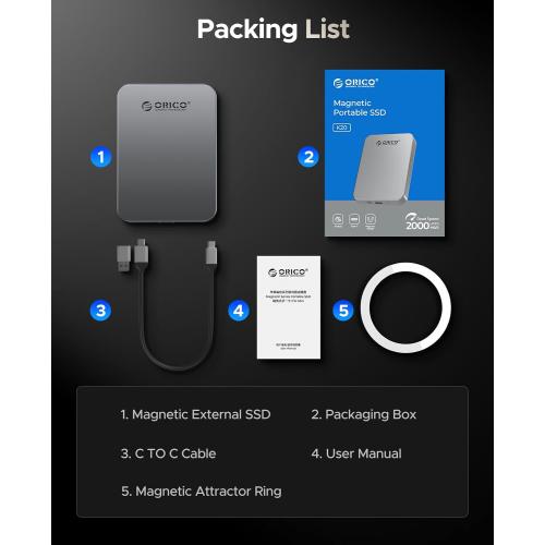 ORICO 1TB Magnetic Portable SSD, Metal Body, 4K 120 fps ProRes HDR Record and Store, Up to 460MB/s, USB C&A 2 in 1 Cable, External SSD Compatible with iPhone 16 Pro Max, Tablet, Computer - K5PLUS