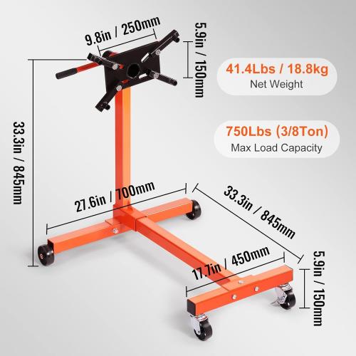 VEVOR Engine Stand, 750 lbs (3/8 Ton) Rotating Engine Motor Stand with 360 Degree Adjustable Head, Cast Iron Motor Hoist Dolly, 4-Caster, 4 Adjustable Arms, for Vehicle Maintenance, Auto Repair
