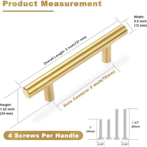 30 Pack Brushed Brass Cabinet Handles Gold 3 Inch Hole Center Cabinet Pulls Stainless Steel Drawer Handles Kitchen Cabinet Hardware Pulls for Cabinets and Drawers - 5 Length, 3 Hole Center