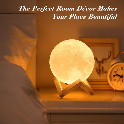 Mydethun 3D Moon Lamp with 4.7 Inch Wooden Base - Gift for Lover, Mothers Day LED Night Light, Mood Lighting with Touch Control Brightness for Home Décor, Bedroom, Birthday- White & Yellow