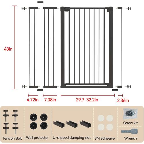 43 inch Tall Safety Dog Gate Adjustable 29.7-45.2inch Extra-Wide Metal Pet Gate Drill-Free Pressure-Mount Installation kit Self-Closing Cat Gate for Stairwells、Doorways（Black）