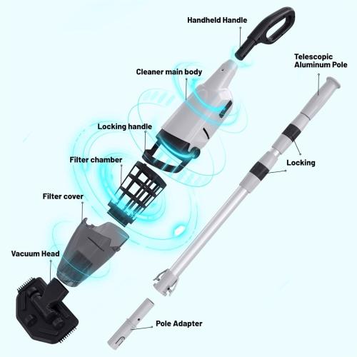 Cordless Pool Vacuum Cleaner for Above Ground Pool & In Ground Rechargeable Pool Vacuum Cleaner - 90 Mins Runtime, with 69 Telescopic Pole, Spa Vacuum for Hot Tub- Fast 3H Charge (Silver Grey)