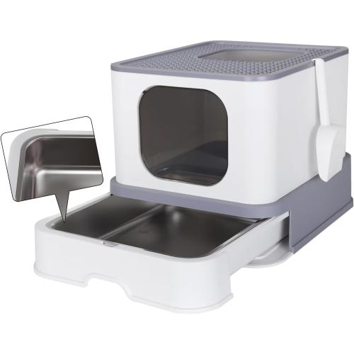 RIZZARI Stainless Steel Cat Box: Enclosed Design with High Walls - Light Gray - Large Litter Pan for Odor Control Indoors