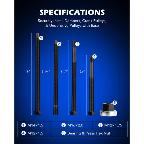 Orion Motor Tech Harmonic Balancer Installer Set, 5pc Long Reach Crank Pulley Underdrive Pulley Damper Installation Tool Kit with 4 Adapters & Nut Bearing
