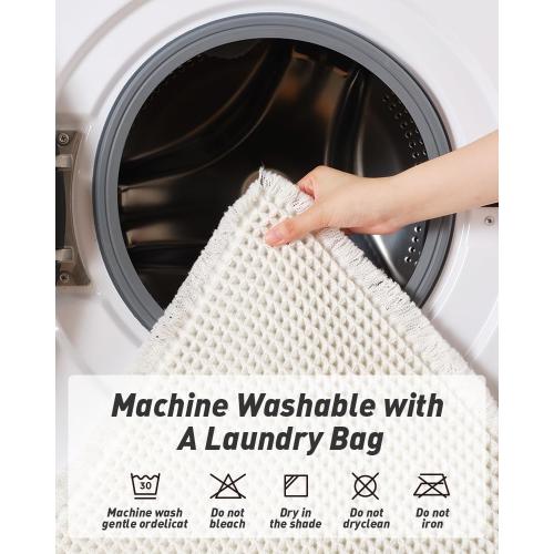 AMOAMI Upgraded Waffle Runner Rug Super Absorbent Non Slip Bath Mats for Bathroom Machine Washable Bathroom Runner Rug with Tassels, Ideal for Hallway Bedroom Laundry Room, White 17 x 60