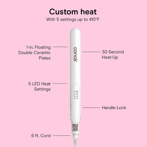 Conair Double Ceramic Flat Iron, 1-Inch Flat Iron Hair Straightener, Five Heat Settings, Extra Long Floating Plates, White