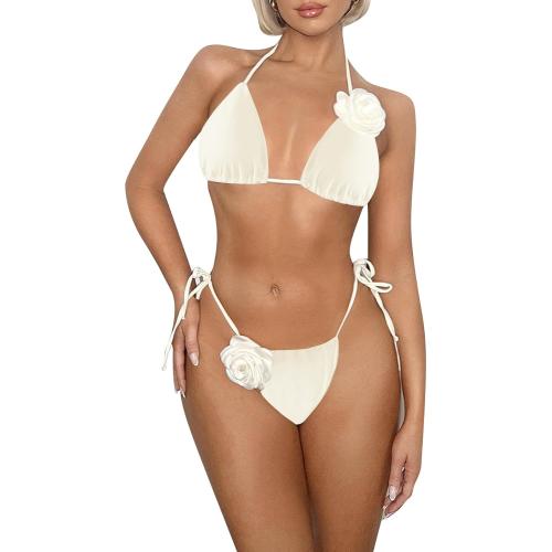 Size L Women's 2 Piece Solid 3D Flower Halter Bikini Set Side Tie High Cut Triangle Swimsuit Bathing Suit Beachwear