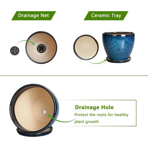 10 Inch Ceramic Planter Pot Round Plant Pot for Indoor Plants Outdoor Large Flower Pot with Drainage Hole and Saucer Blue