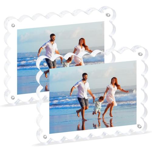 2Pack Acrylic Magnetic Photo Frame 5x7 Inch - Sleek Scalloped Design, 10 10mm Thick Crystal Clear Block, Freestanding Double-Sided Magnet |Trendy Home Gift (2 Pack, 5X7)