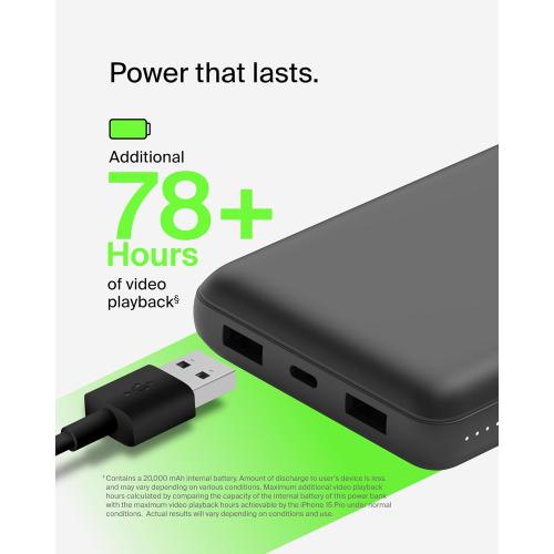 Belkin Portable Charger, USB-C Power Bank 20000 mAh w/ 2 USB-A Ports, 15W w/ Type-A to Type-C Cable - iPhone 17, Air, Pro, Pro Max, AirPods, Apple Watch, Samsung Galaxy S25, Google Pixel 10 - Black