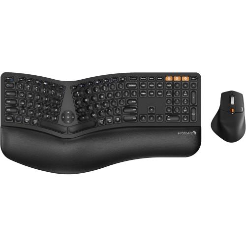ProtoArc EKM01 Plus Wireless Ergonomic Keyboard Mouse Combo - Black | Full-size Split Keyboard with Cushioned Wrist Rest, Ergonomic Mouse, 3-Device Bluetooth/2.4G, USB-C Rechargeable