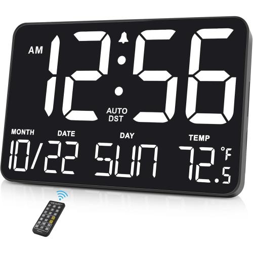 Soobest Large Display Digital Wall Calendar Clock with Date Day of Week, Alarm Clock for Bedroom Desk, Timer for Home Gym Workout 6 Dimmer Auto DST 12/24hr with Remote and Temperature(White)