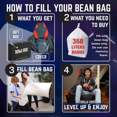Throne Boss Gaming Bean Bag Chair for Adults with High Back – Large Floor Gaming Chair, Easy to Clean Oxford 420D Fabric, Large Side Pockets, Headphone Hanger – COVER ONLY Add 350 Liters Beans (Black)