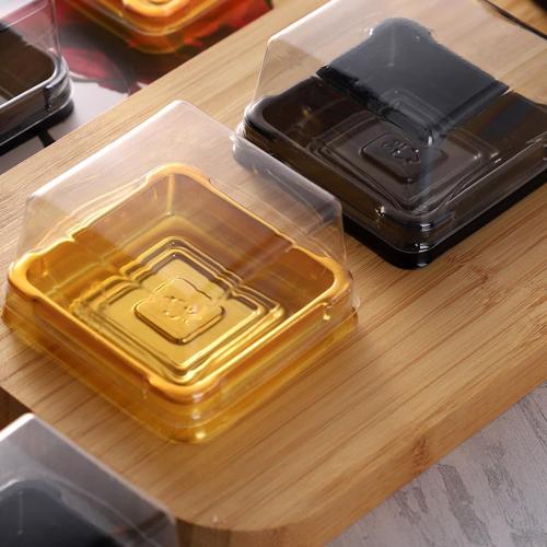 EchoDone 50 Set Clear Plastic Mini Cupcake Boxes Muffin Square Mooncake Box Single Container Wedding Birthday Gift Box (Gold)